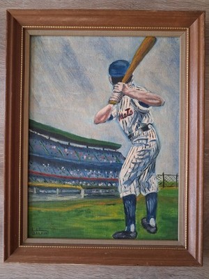Vintage 1971 New York Mets Original Oil Painting Signed Lor Barman Shea Stadium