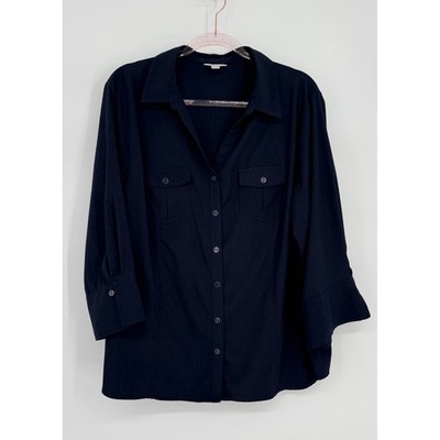 Catherines Navy Blue Button Down Blouse 3/4 Sleeve Textured Stretch Sz 22/24W