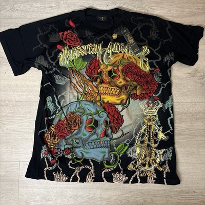 RARE Vintage 2008 Christian Audigier Ed Hardy Skull Rose All Over Print Size L