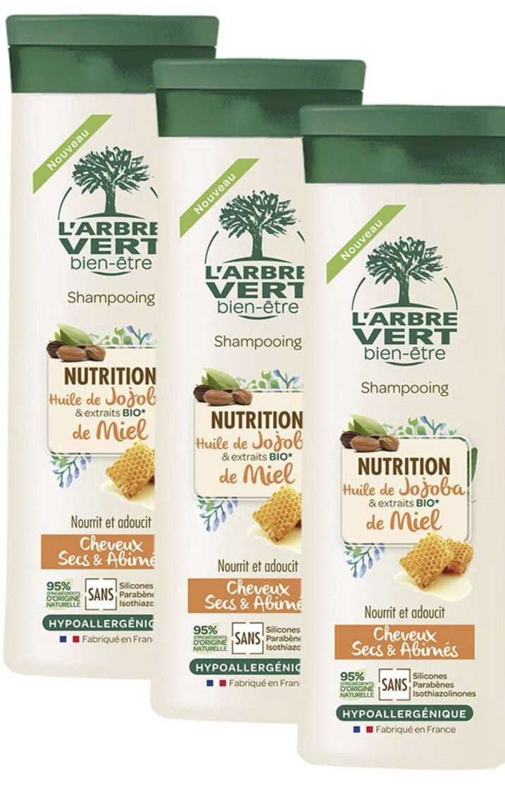 Shampooing nutrition L'Arbre Vert au jojoba lot de 3 flacons de 250 ml pour cheveux secs