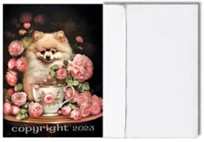Pomeranian Dog with Teacup & Roses Greeting Card hand-crafted