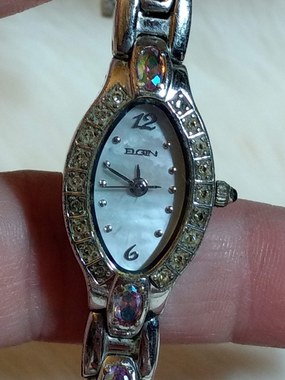 MULTICOLOR WATCH-FAUX TONE WOMENS DIAMOND BRACELET LINK  ACCENT-MOP SILVER ELGIN