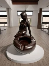VTG Ashtray Mermaid Pottery Lady Topless Sculpture Statue Erotica Bronze