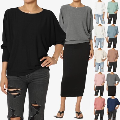 TheMogan Closet-Essential Drapey 3/4 Dolman Sleeve Crew Neck Relaxed Ribbed Top