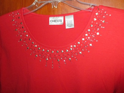 Chicos Sz 0 Red Embellished Top Undrarms19.5" Lngt22" Slv17.5" Ret$69 CottnSpndx - Picture 5 of 9