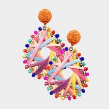NEW Multi-Color Raffia Straw Wrapped Bead Trimmed Boho Style Teardrop Earrings