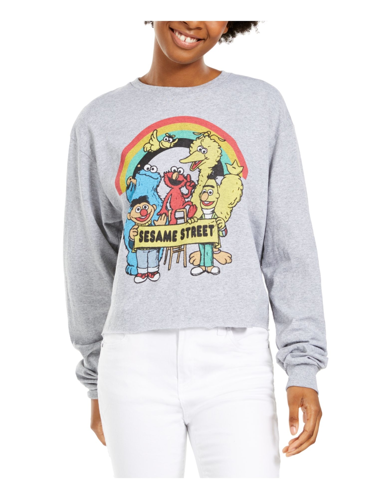 HYBRID APPAREL Women's Gray Graphic Printed Long Sleeve Blouse in Size XS for Stylish Casual Wear