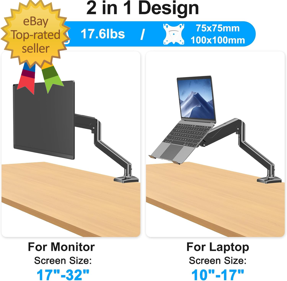 2-in-1 Gas Spring Laptop Stand Desk Mount for Monitor and Laptop
