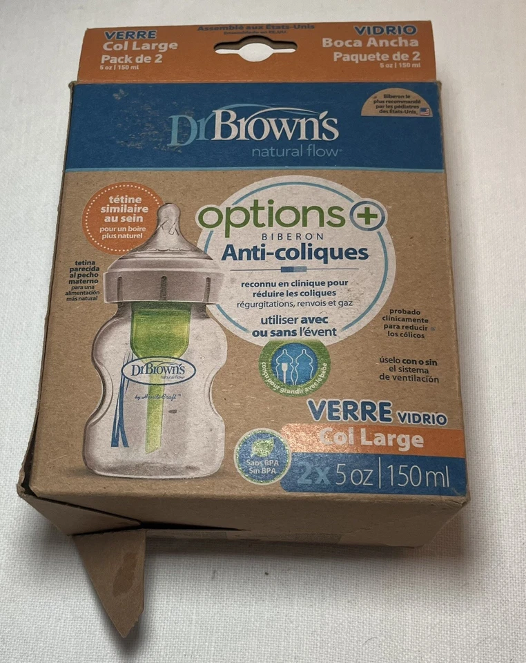 2 biberones de vidrio anticólicos Dr. Brown's Options + cuello ancho 5 oz 150 ml Foto 4 de 4