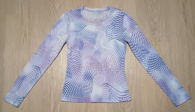 Vtg 70s Psychedelic Wave Print Sheer Stretch Disco Purple Blue Top Blouse S