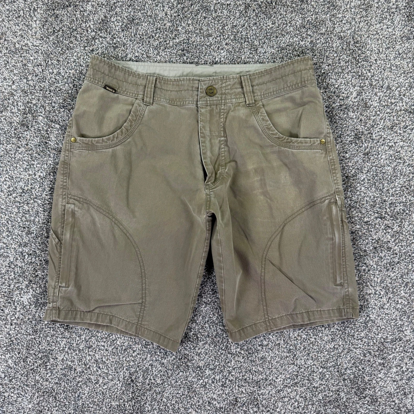 Kuhl Rydr Shorts Mens 32 Olive Green Vintage Patina Dye Hiking Outdoor Cargo