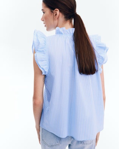 NWT H&M Ruffle Trim Poplin Striped Blue Blouse Top Medium - Picture 4 of 10