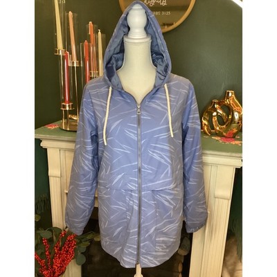 Weatherproof Vintage Blue Leaf Print Hooded Zip Up Lightweight Rain Jacket M