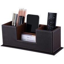   Double Holder Wood Leather Multi-Function Desk Stationery Organizer Dark Brown