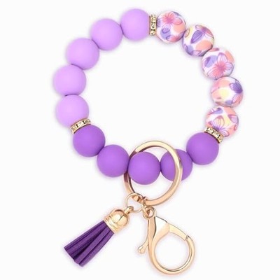 BAOSIWA Silicone Beaded Keychain Wristlet Key Ring Bracelet Cute Car Key Purple