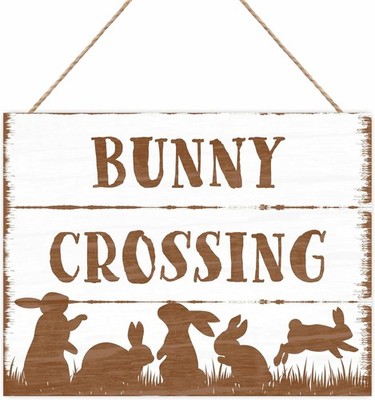 8''X10'' Easter Wooden Sign - Bunny Crossing - 1 Wood Plaque White & color 