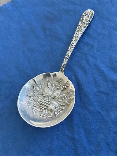 Antique S. Kirk & Son sterling silver Repoussé nut spoon with fruit motif