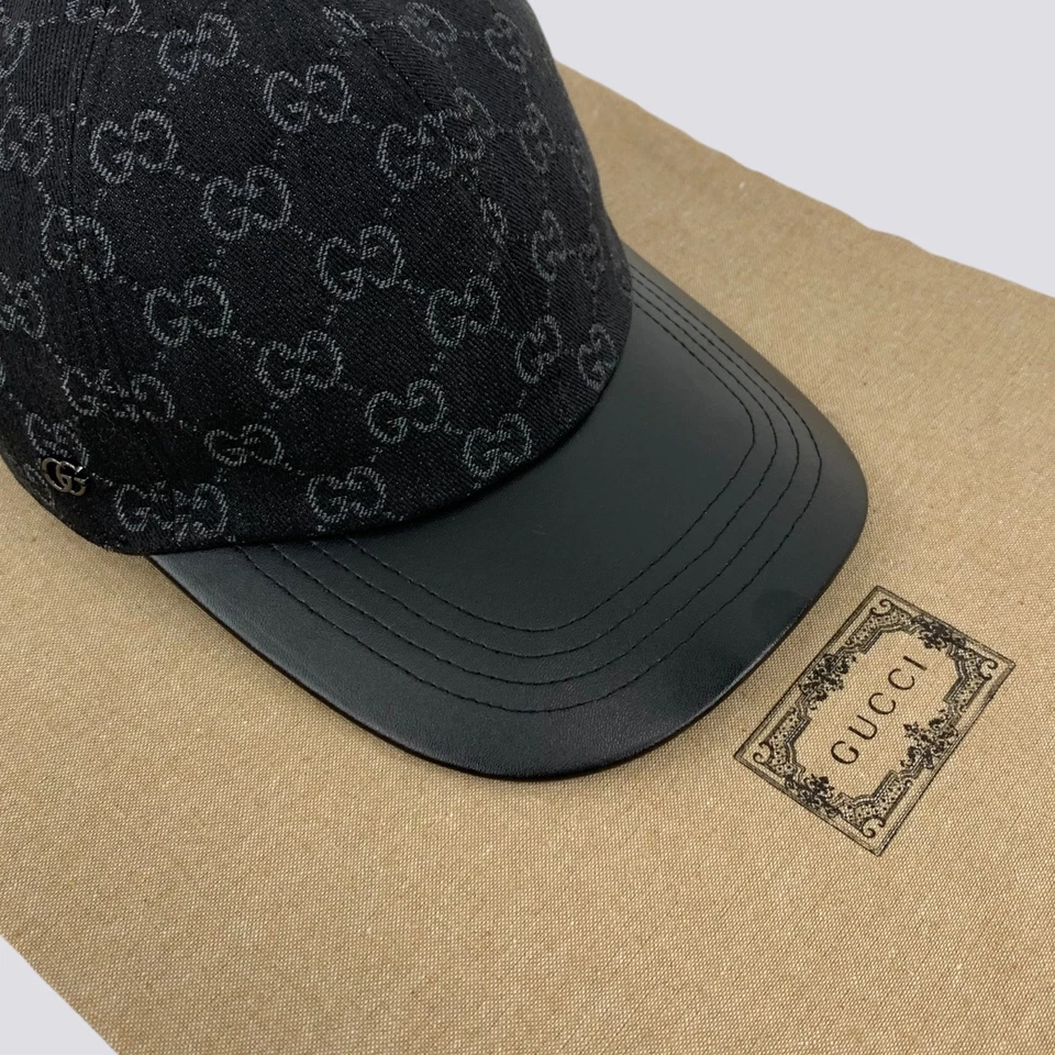 Gucci GG Monograma Logo Denim Algodón Gorra de Béisbol Sombrero Negro y Gris Talla M Foto 2 de 4