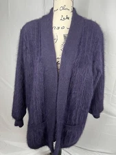Venesha Women’s Vintage Long Lined Angora Sweater with Pockets Deep Purple Sz L
