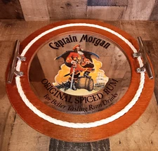 Vintage Captain Morgan Bar Sign Round Mirror 17" Tray NICE Read