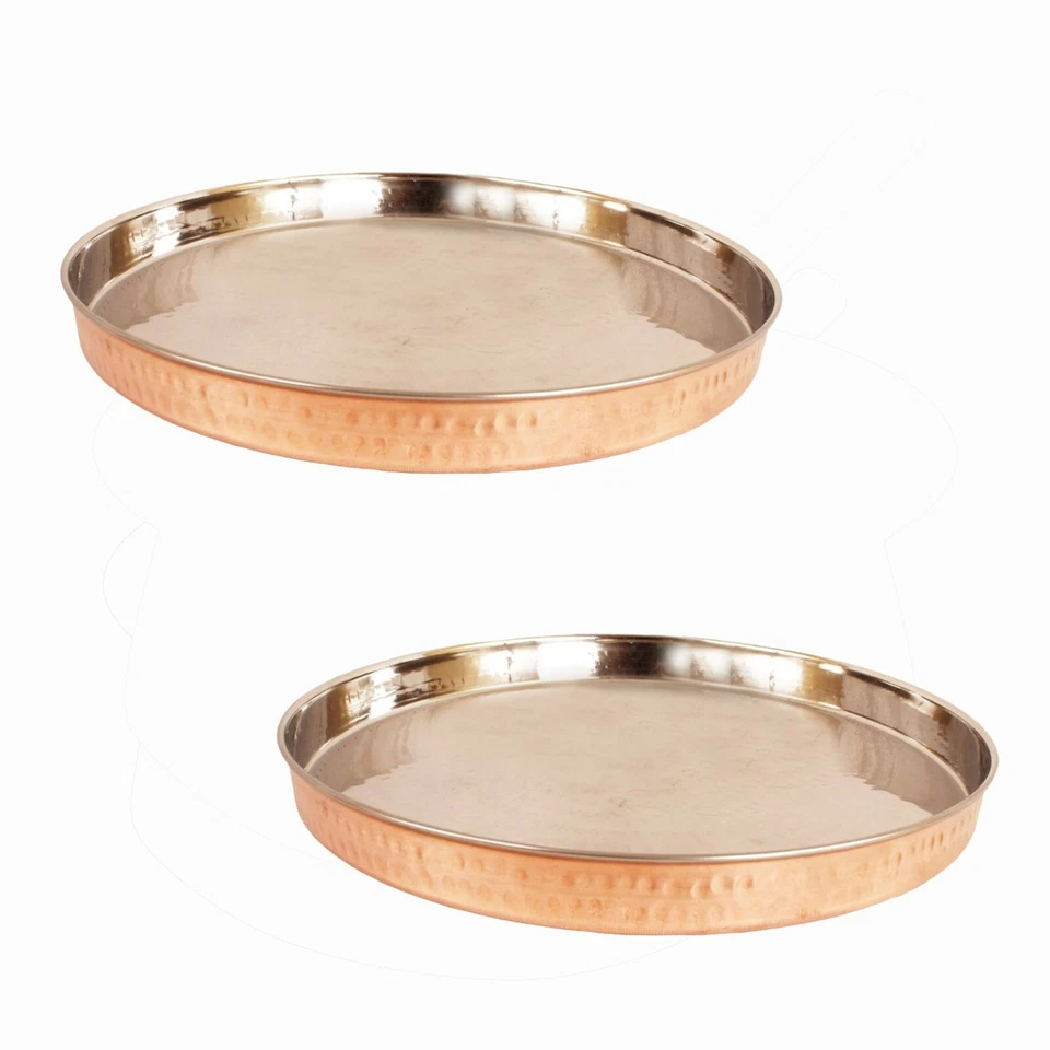 Steel Copper Dinner Plate Thali Dishes Serving Tableware Hotel Diameter 13" Inch - Image 3 of 4