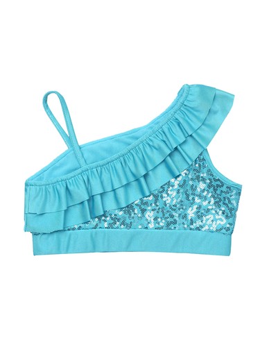 Kid Girl Sequins Vest Ruffle Across Off Shoulder Crop Top Jazz Hip-Hop Dancewear - Picture 53 of 62