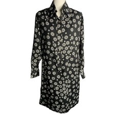 Vintage 70s Long Sleeve Shift Dress M Black Geometric Button Up Point Collar
