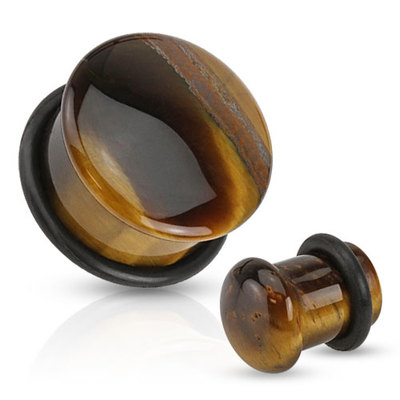 Pair of Tiger Eye Semi Precious Stone Domed Single Flare Plugs w/ O Rings