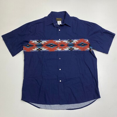 Vintage Rustler Wrangler Western Shirt Mens L Blue Aztec Short Sleeve  Button 90s