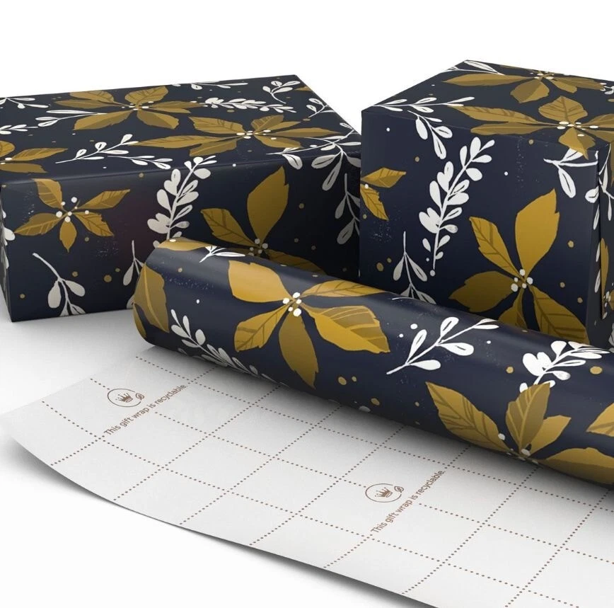 Hallmark Wrapping Paper Gold Poinsettias on Navy Blue 35 sq ft Roll Holiday Gift - Image 3 of 4