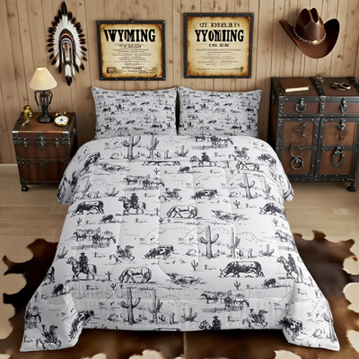 Feelyou Western Comforter Set Full Size White And Black Cowboy Cow Bedding Set