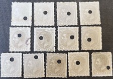España - Estampillas de 4 y 10 pesetas de 1879 con cancelaciones perforadas telegráficas - 13 copias
