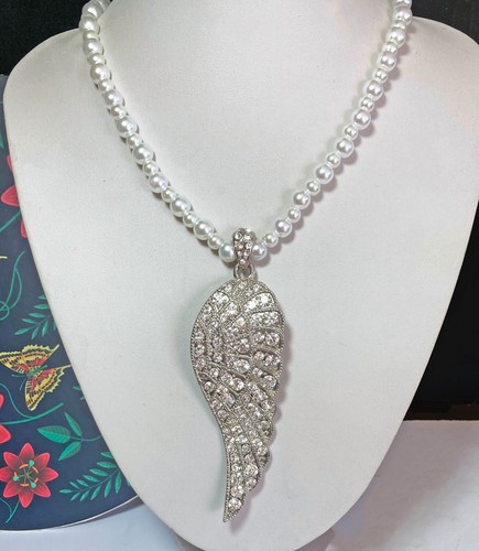 Handmade Faux Pearl Diamante Wing Pendant
