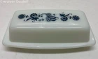 Vintage Pyrex White Milk Glass Butter Dish with Black Flowers