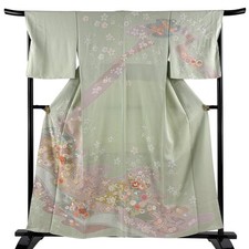 Japanese Silk Houmongi Kimono M 158cm Light green Fan face Grass and flowers 587