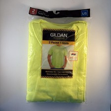 New Gildan Men's Workwear Pocket T Shirts 2 Pk Safety Green Heavyweight Size L