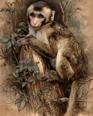 8x10 Monkey on tree stump woodland illustration - 889697983