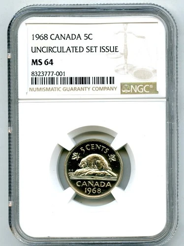1968 CANADA 5 CENT NICKEL NGC MS 64 UNCIRCULATED SET ISSUE COIN