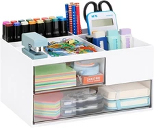 LETURE Office Desk Organizer with 2 Drawers and 4 Compartments, Plastic White 