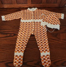 Vintage Lazarus Columbus Baby Footed Pajamas Orange White Checked With Hat