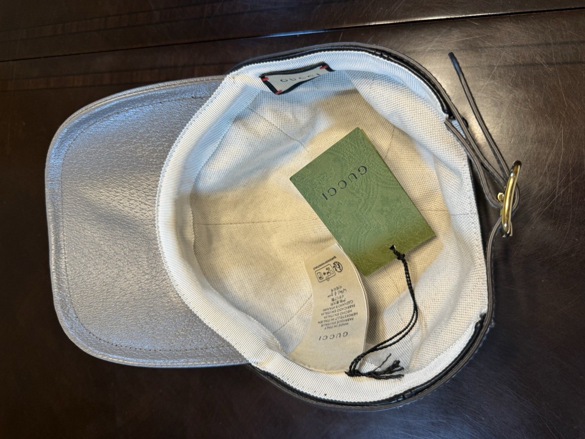 New Authentic Gucci Logo Leather Baseball Hat Black Gray 