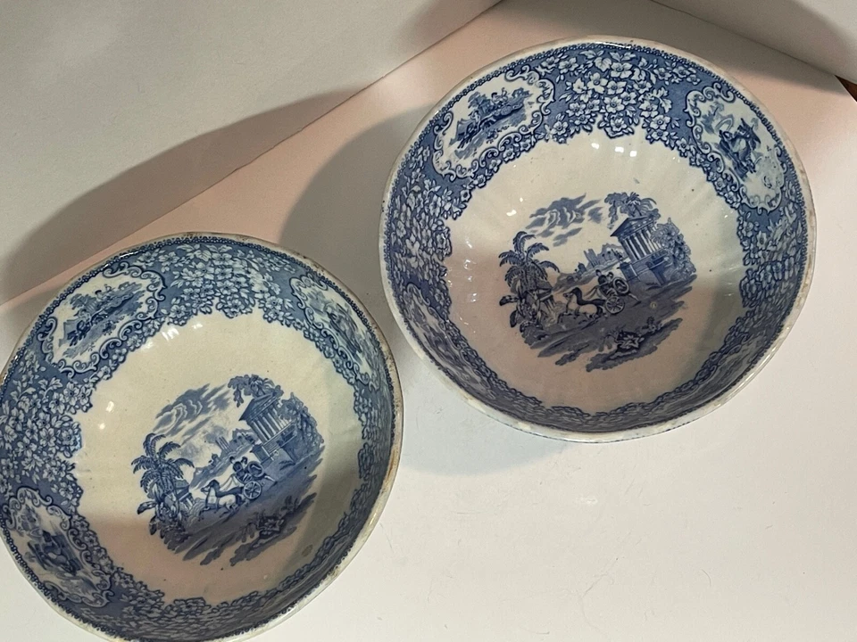 Antique Bell "Triumphal Car" Blue and White Footed Punch Bowls Scotland c1880 - Image 4 of 4