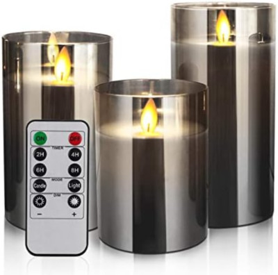 HIYAA Candele a LED senza fiamma, in vetro grigio, funzionamento a batteria, con luce calda realistica ed effetto tremolante, perfette per feste di nozze e decorazioni natalizie