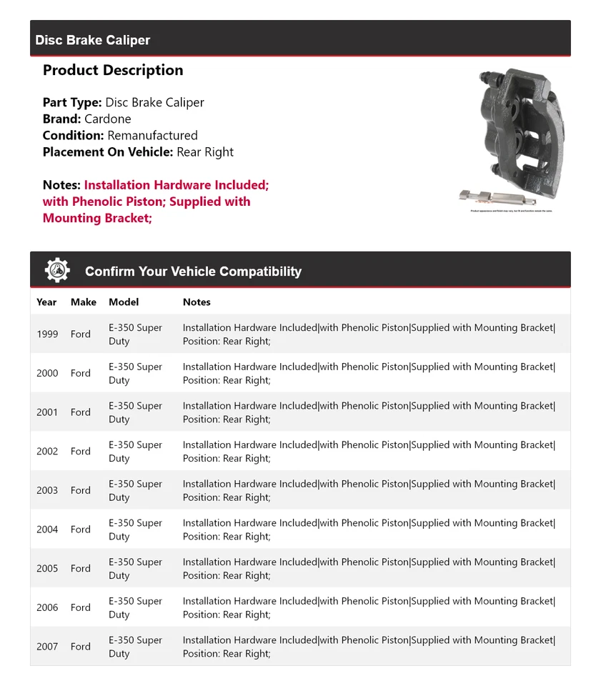 For 1999-2007 Ford E-350 Super Duty Disc Brake Caliper Rear Right Cardone 2000 - Image 2 of 4