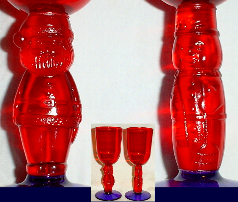 2 ACRYLIC CHRISTMAS WINE WATER GLASSES SANTA & SNOWMAN STEMS RED w BLUE FOOT