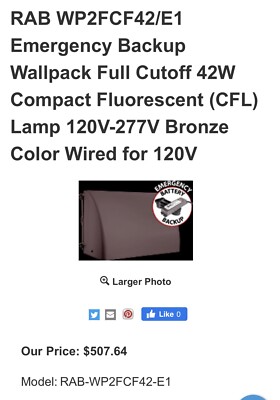 RAB WP2FC Full Cutoff Wallpack 42W CFL  EMERGENCY BATTERY BACKUP WP2FCF42/E1/PC