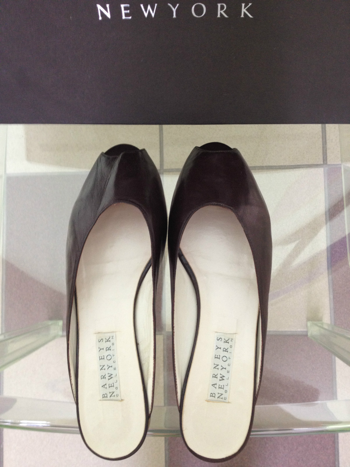 Women's Barneys New York Collection Brown Soft Leather Peep Toe Slides