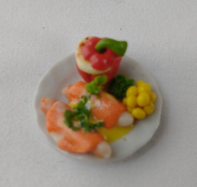 Doll Sized Handcrafted Porcelain Food Plate Tableware Sausage Corn Red Pepper