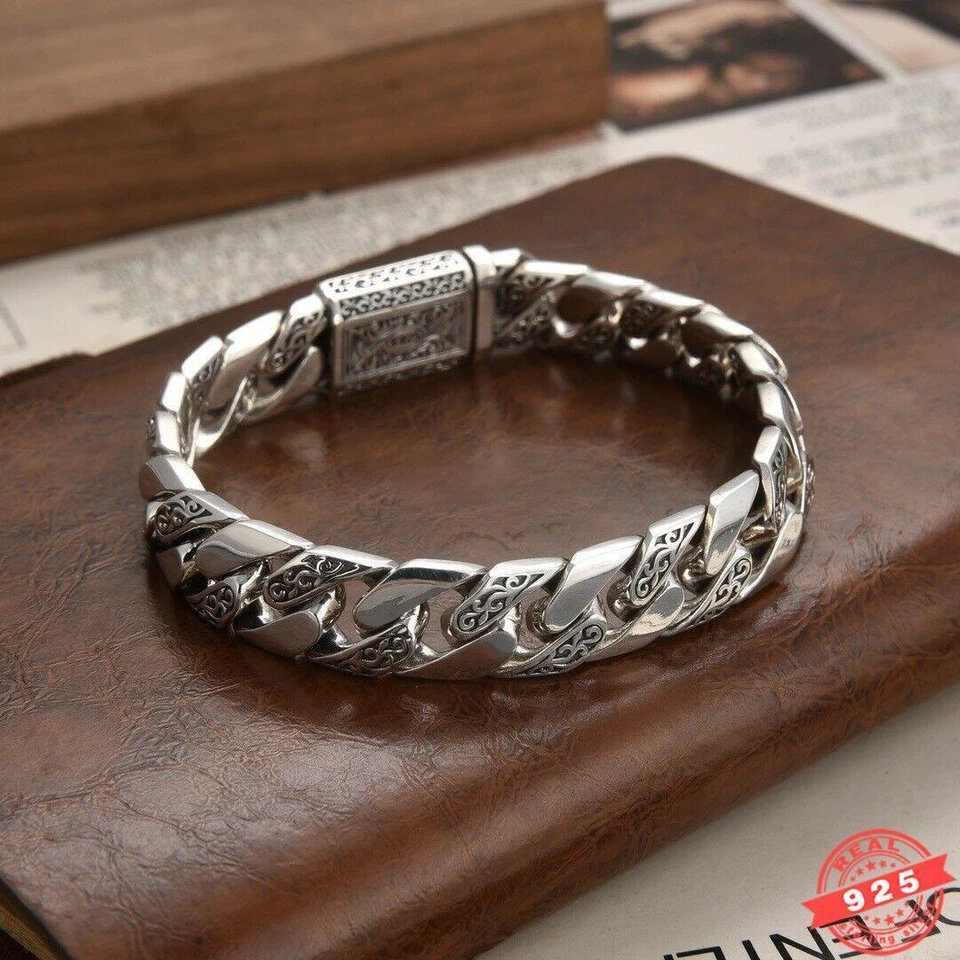 Pulsera retro de plata de ley 925 con cadena de eslabones cubanos Miami de 12 mm sólida pesada para hombre Foto 2 de 4