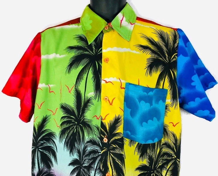 King Kameha Men's L Hawaiian Shirt Bright Colorful Spring Break Vacation Used
